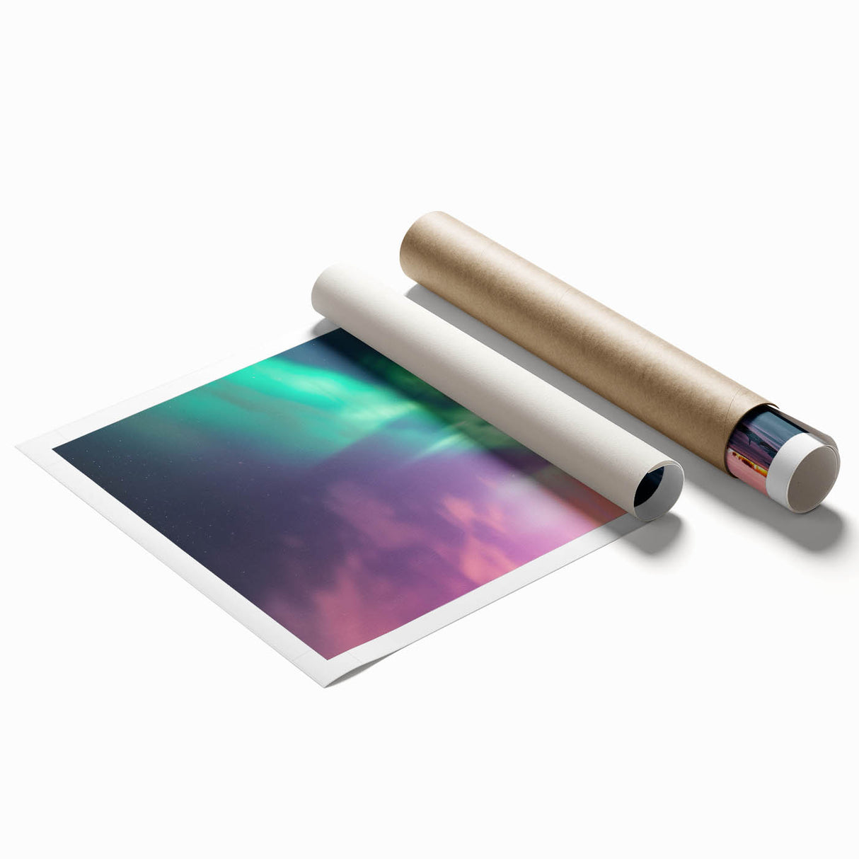 Scenic countryside landscape rolled print showcasing vibrant green fields under a clear blue sky, elegantly packaged in a protective cardboard tube for easy transport.