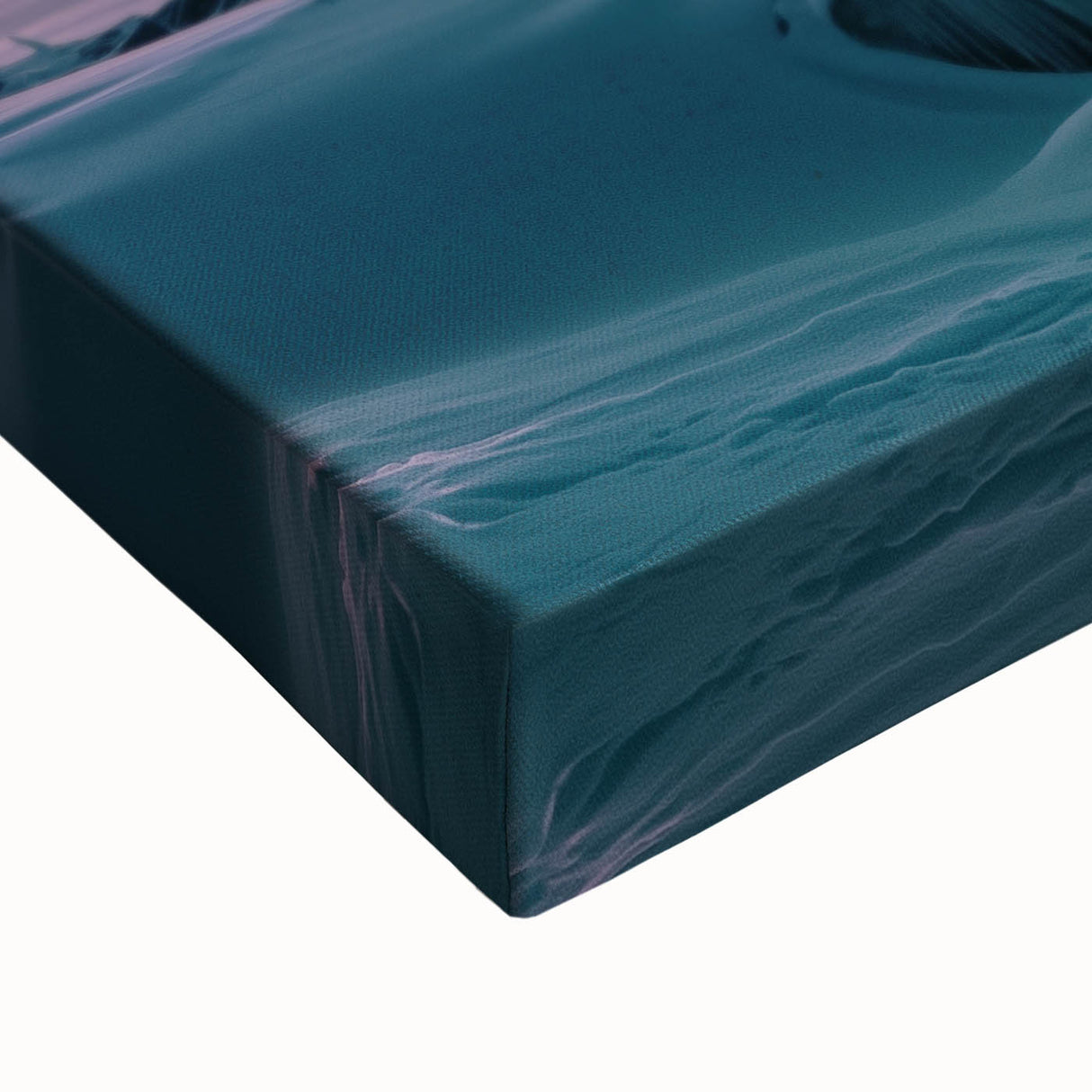 Close-up of a stretched canvas showcasing a vibrant countryside landscape, featuring lush green fields and a colorful sunset, ideal for home decor and art enthusiasts.