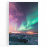 Vibrant stretched canvas artwork depicting a serene countryside landscape, featuring rolling hills, lush greenery, and a partly cloudy sky, perfect for home decor.