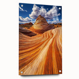 Acrylic landscape artwork depicting a vibrant desert scene, showcased in a clear glass frame with pins, highlighting warm tones of orange and yellow. Ideal for modern decor.
