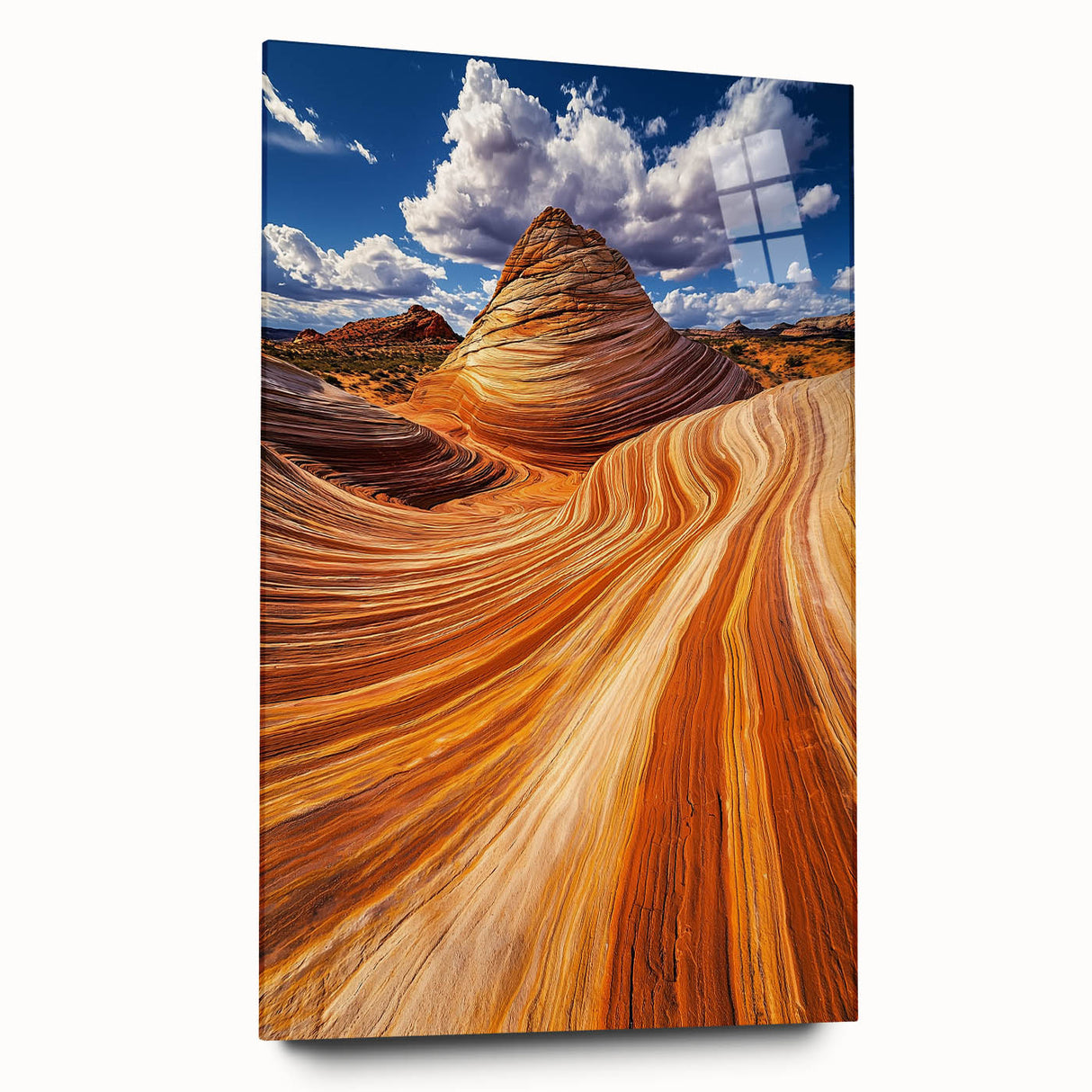 Desert landscape acrylic wall art displayed in a glass frame, showcasing rich earthy tones and intricate details, perfect for modern home decor.