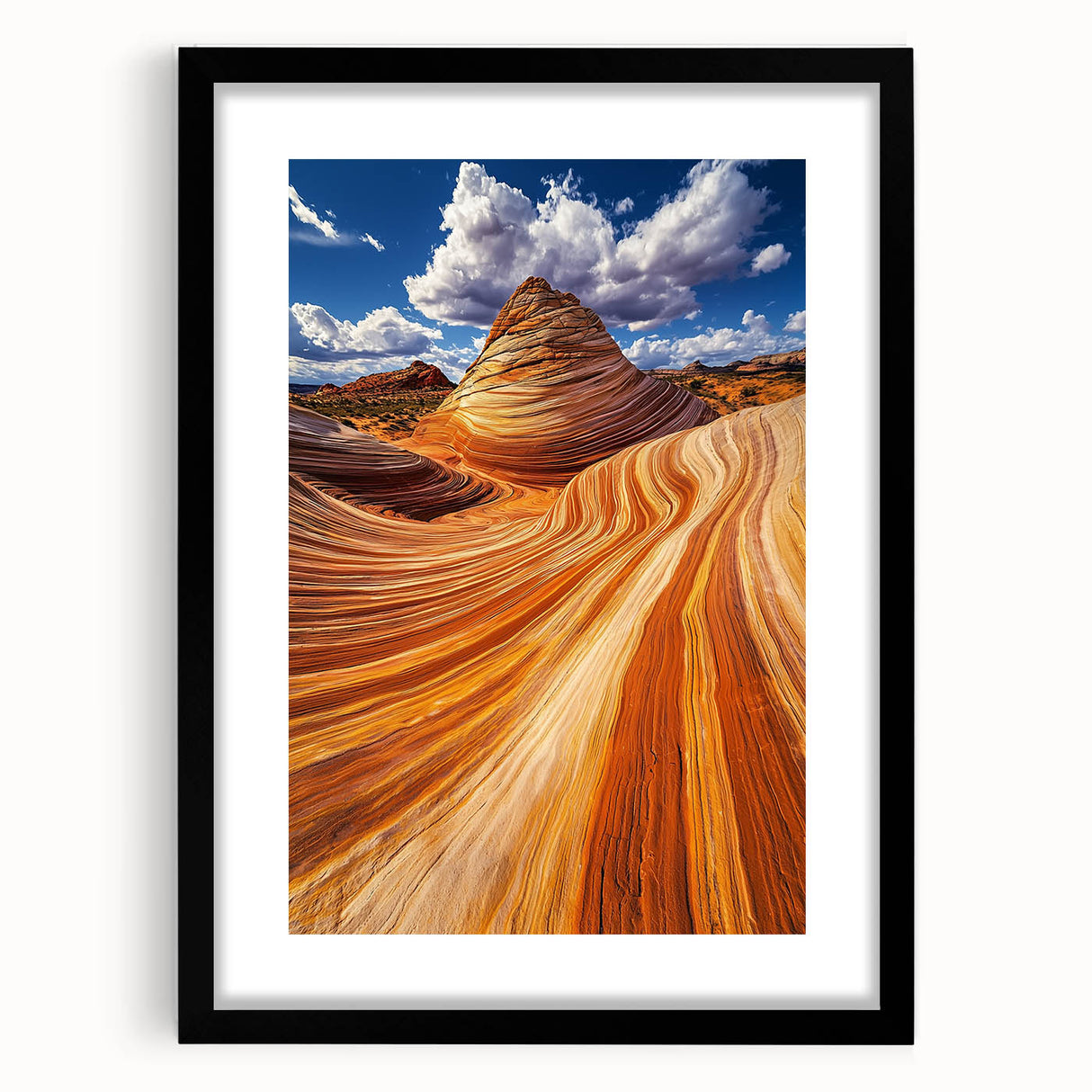 Framed desert landscape artwork with a black mat, showcasing vibrant colors and intricate details, ideal for home decor and art enthusiasts.