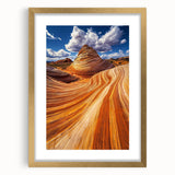 Desert landscape artwork framed in a gold mat, showcasing warm hues of orange and brown, ideal for home decor and enhancing living spaces with a touch of elegance.