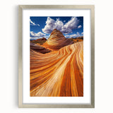 Framed desert landscape artwork in a sleek silver frame with a white mat, showcasing vibrant colors and intricate details, perfect for home decor.