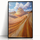 Framed acrylic artwork showcasing a stunning desert landscape with vibrant colors and intricate details, set against a sleek black frame, ideal for modern decor.