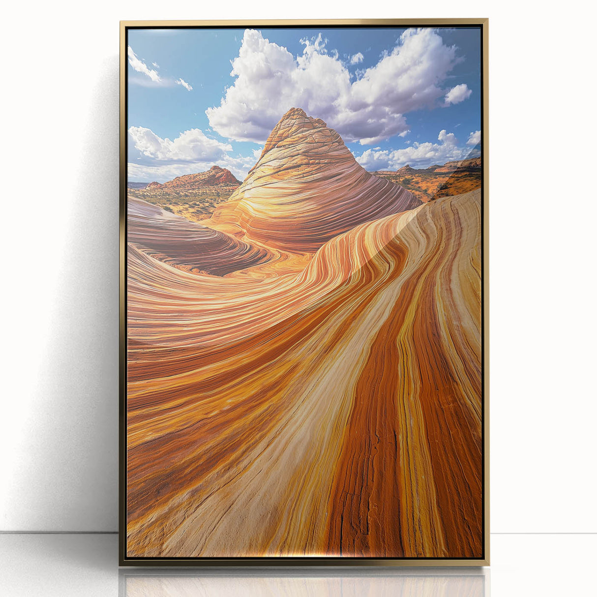 Framed acrylic artwork depicting a vibrant desert landscape with golden hues, showcasing rolling dunes and a clear blue sky, ideal for modern home decor.