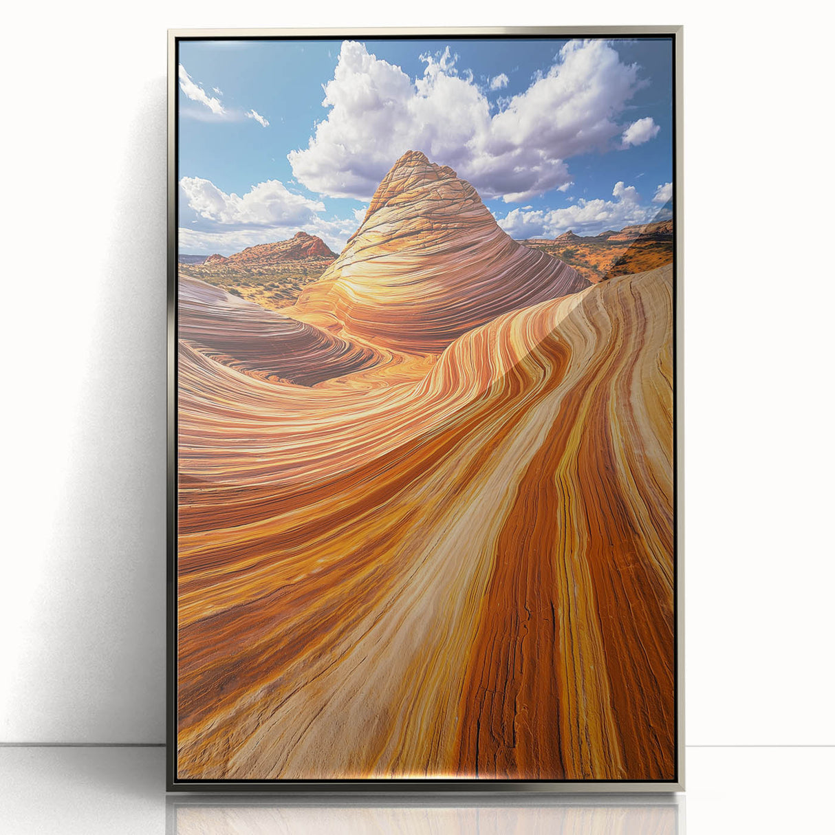 Framed acrylic artwork showcasing a stunning desert landscape in vibrant colors, with a sleek silver frame, perfect for modern home decor.