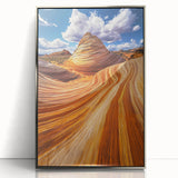 Framed acrylic artwork showcasing a stunning desert landscape in vibrant colors, with a sleek silver frame, perfect for modern home decor.