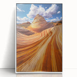 Framed acrylic artwork depicting a serene desert landscape, featuring warm earth tones and intricate details, set in a sleek white frame, ideal for modern decor.