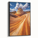 Framed canvas art depicting a serene desert landscape in warm tones of orange and gold, with a sleek black frame accentuating its beauty, perfect for home décor.