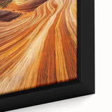 Framed canvas art showcasing a vibrant desert landscape with warm hues of orange and yellow, emphasizing unique textures and intricate details. Ideal for home décor.