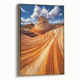 Framed canvas depicting a vibrant desert landscape with warm gold accents, showcasing intricate details and textures, perfect for home decor enhancement.
