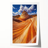 Vibrant desert landscape rolled print showcasing warm hues of orange and yellow, perfect for home decor, securely packaged in a durable tube for shipping.