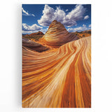 Desert landscape stretched canvas artwork showcasing vibrant oranges and yellows, featuring a dramatic sunset over sand dunes, ideal for modern home decor.