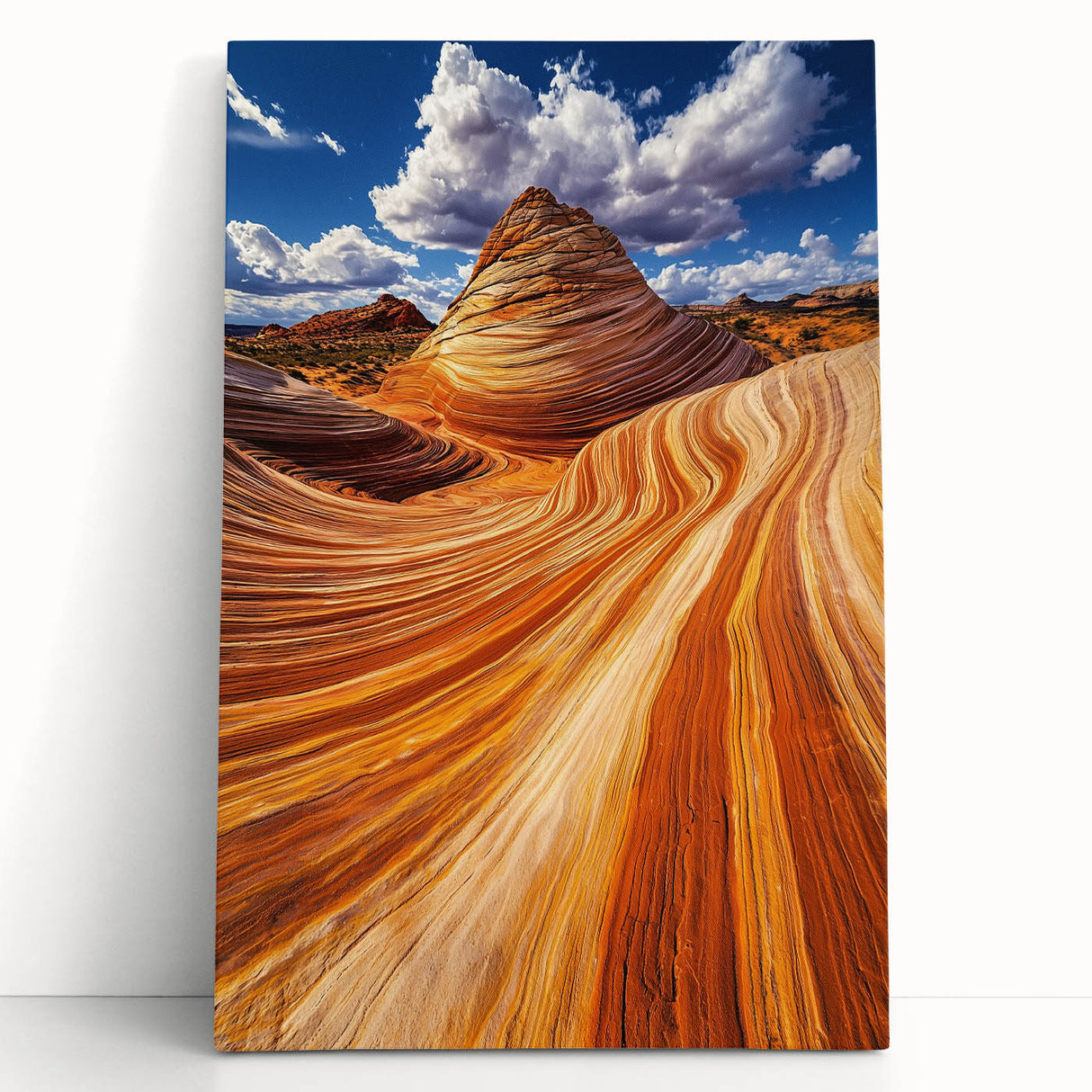 Desert landscape stretched canvas art featuring vibrant hues of orange and yellow, showcasing a serene sunset over rolling dunes, perfect for home decor.