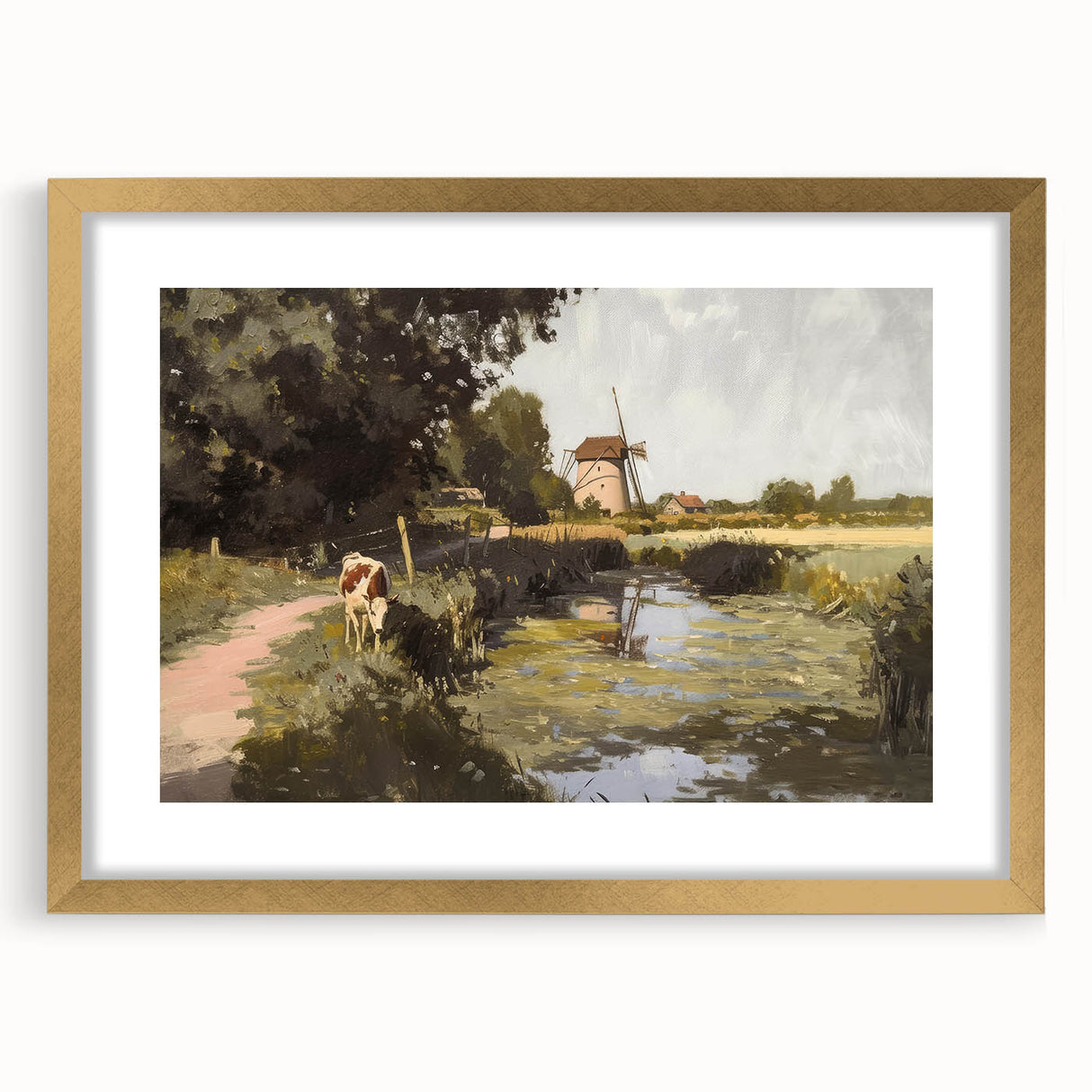 Elegant gold-framed landscape artwork with a white mat, showcasing serene natural scenery, perfect for home decor or gallery display, enhancing aesthetic appeal.