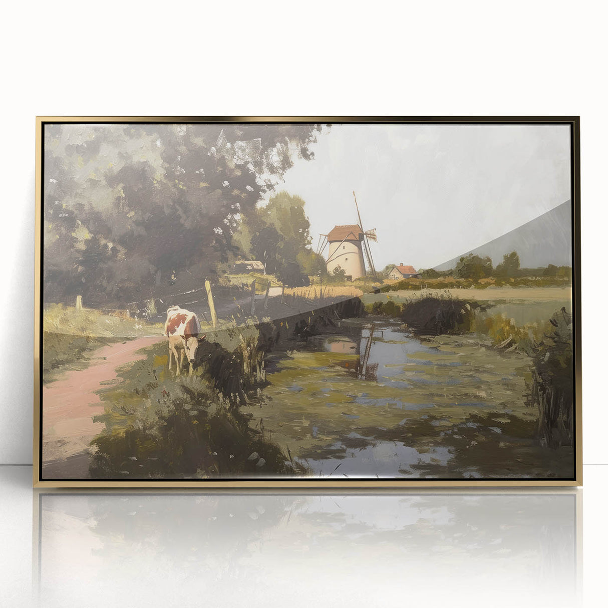 Framed acrylic landscape artwork featuring vibrant colors and intricate details, set in a sleek gold frame, ideal for modern home decor. Perfect for adding elegance to any room.