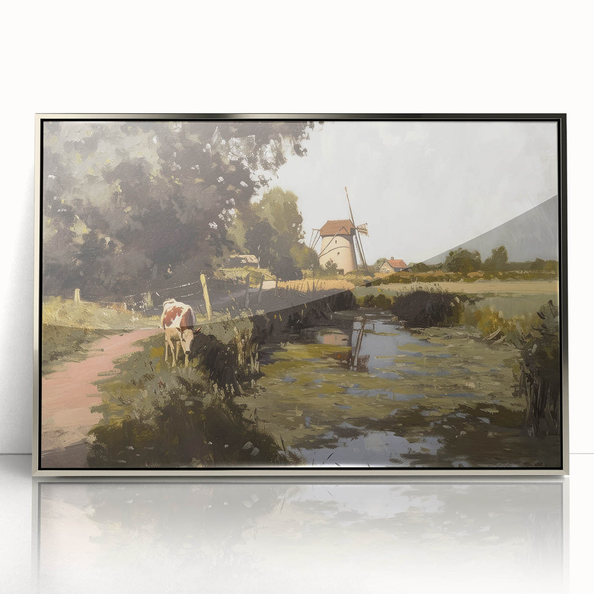 Framed acrylic artwork featuring a stunning landscape design in silver tones, showcasing intricate details and vibrant colors, perfect for modern home decor.