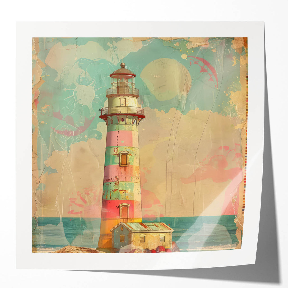 Lighthouse wall art print showcasing a serene coastal scene with vibrant colors and intricate details, designed for home decor. This glossy print adds a nautical touch to any space.