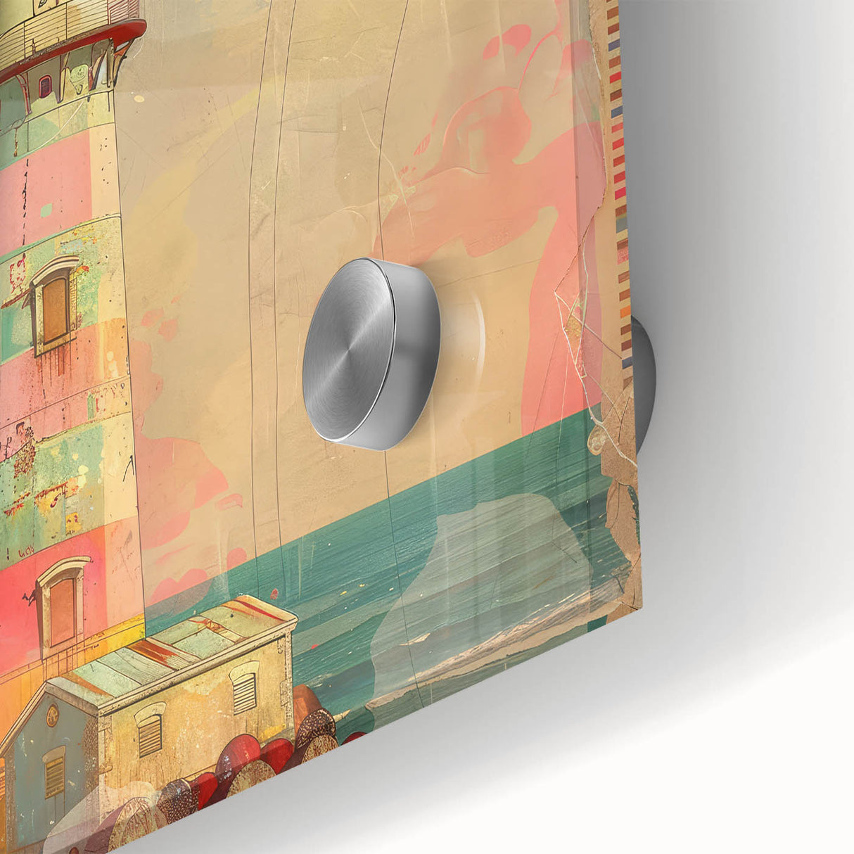 Close-up of vibrant lighthouse wall art, featuring acrylic glass finish. The design showcases a serene coastal landscape with bold colors, perfect for home decor.