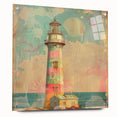 Acrylic glass wall art featuring a vibrant landscape design of a lighthouse, displayed from the side with visible pins for mounting, perfect for coastal-themed decor.