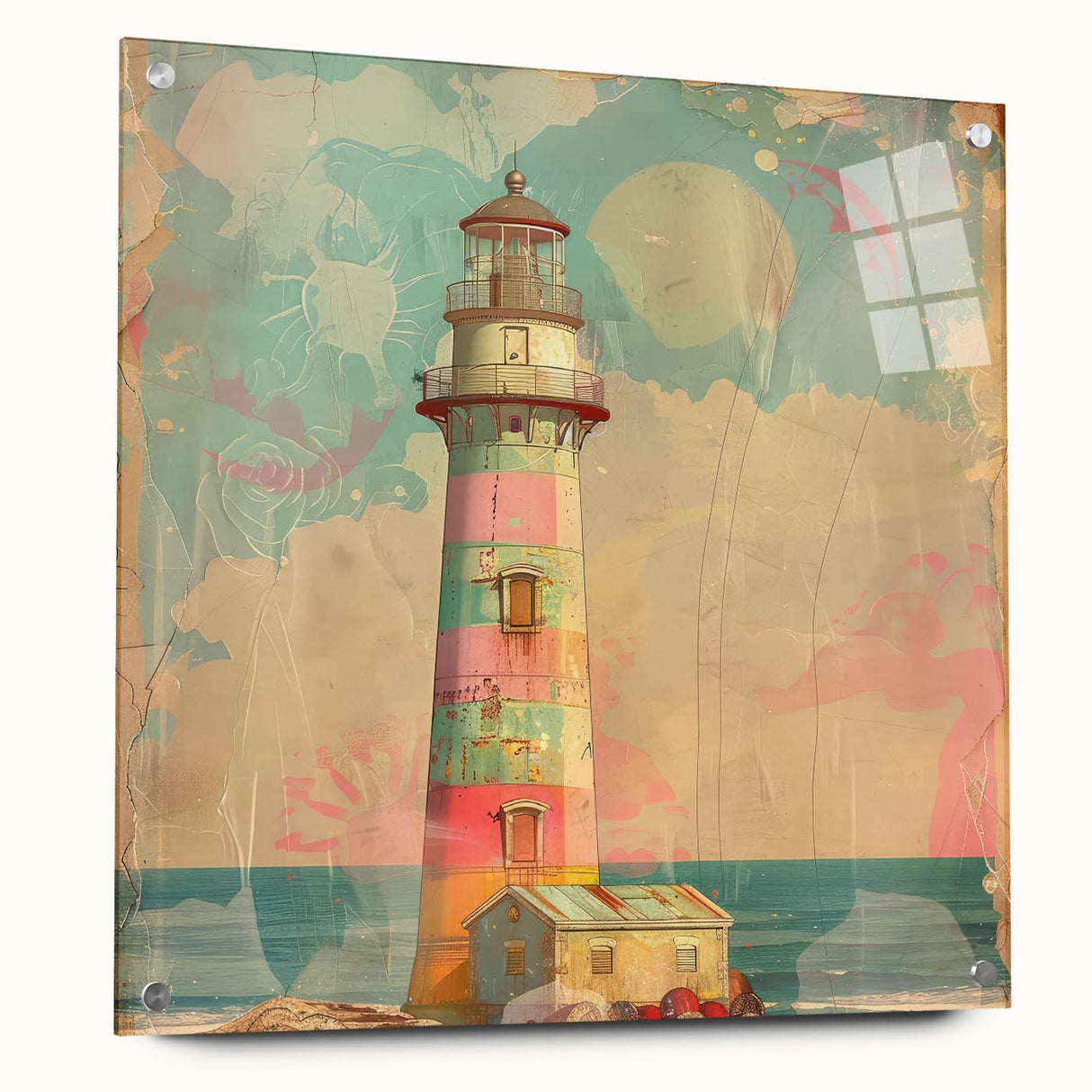 Acrylic glass wall art featuring a vibrant landscape design of a lighthouse, displayed from the side with visible pins for mounting, perfect for coastal-themed decor.