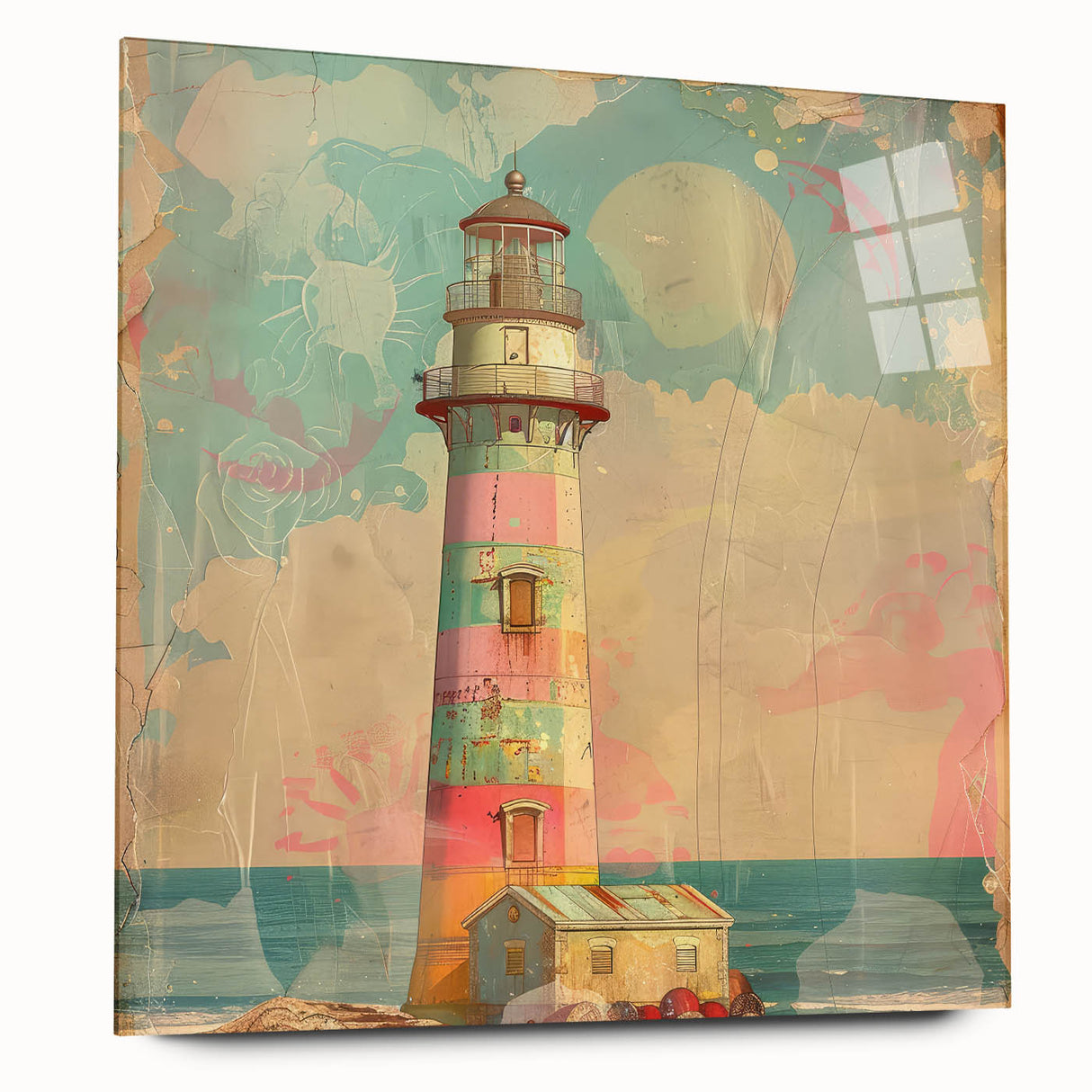 Acrylic glass wall art depicting a vibrant landscape with a lighthouse, showcasing vivid colors and intricate details, perfect for home decor enhancement.