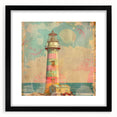 Black-framed wall art featuring a picturesque lighthouse landscape, elegantly matted, ideal for coastal-themed home decor, enhancing any living space.