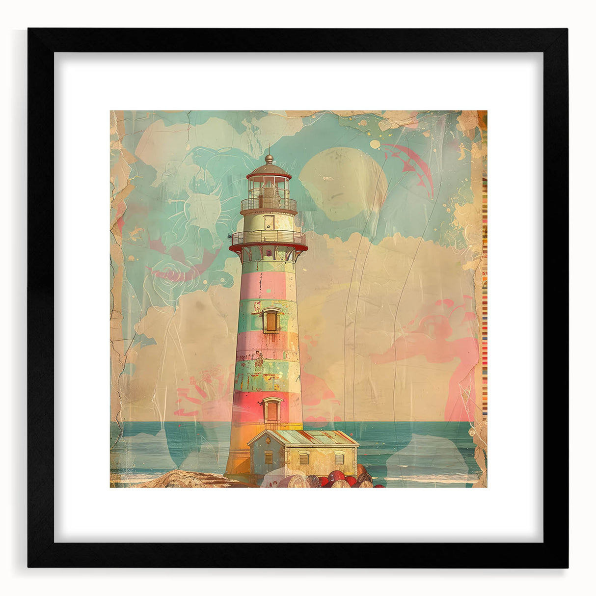 Black-framed wall art featuring a picturesque lighthouse landscape, elegantly matted, ideal for coastal-themed home decor, enhancing any living space.