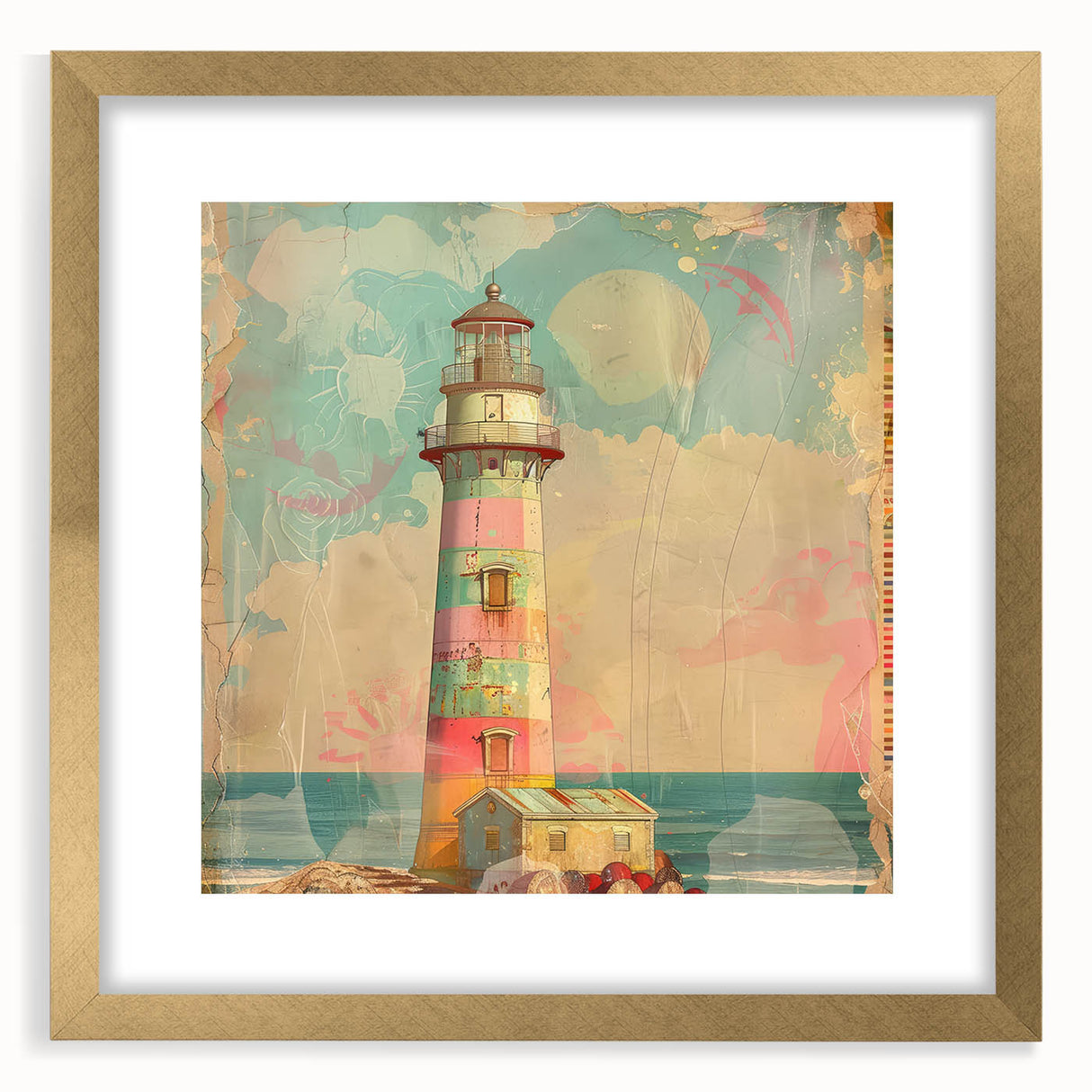 Elegant gold-framed wall art featuring a serene lighthouse landscape, perfect for coastal-themed decor. The mat adds sophistication, enhancing any interior space.