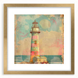 Elegant gold-framed wall art featuring a serene lighthouse landscape, perfect for coastal-themed decor. The mat adds sophistication, enhancing any interior space.