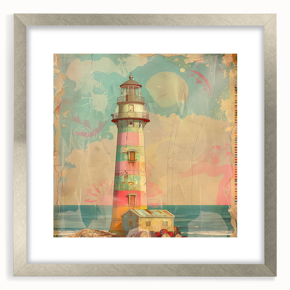 Framed lighthouse wall art in a silver frame with matting, showcasing a tranquil coastal scene, perfect for home decor and nautical themes.