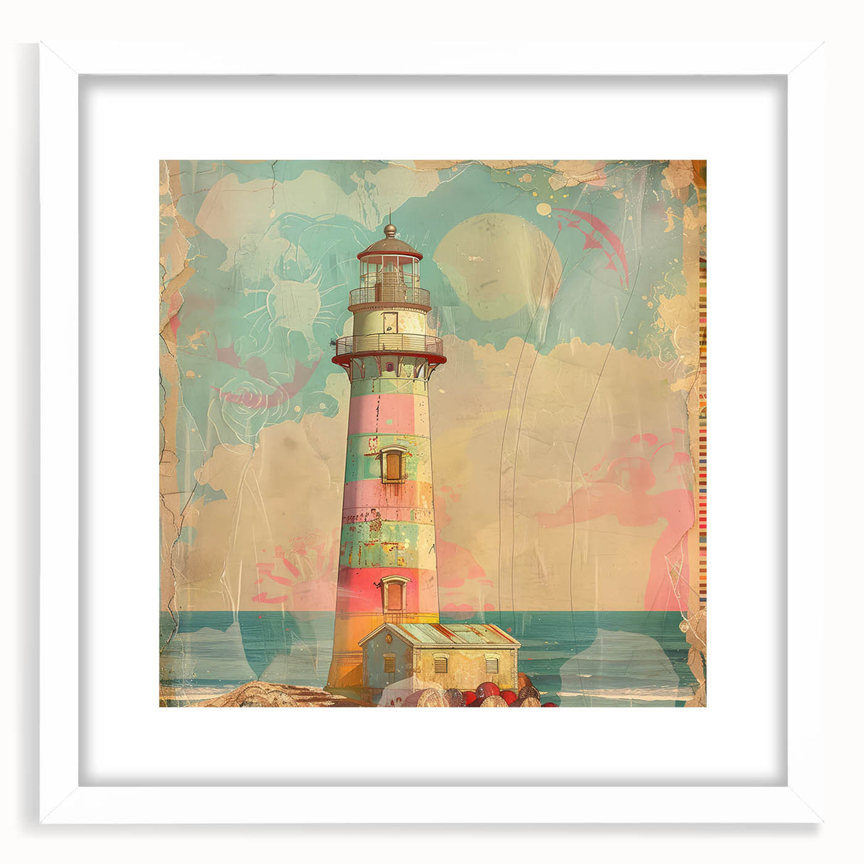 Lighthouse wall art framed in white with a mat, showcasing a serene coastal landscape, perfect for home decor and nautical-themed interiors.