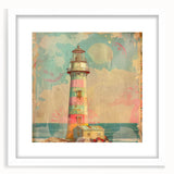 Lighthouse wall art framed in white with a mat, showcasing a serene coastal landscape, perfect for home decor and nautical-themed interiors.