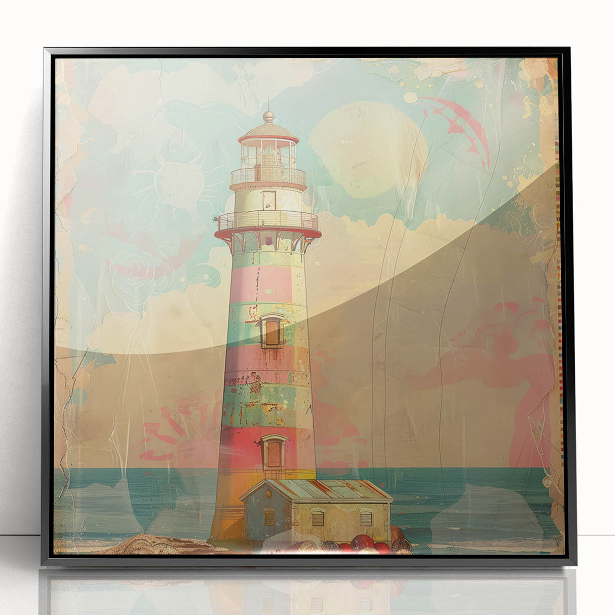 Framed acrylic wall art featuring a vibrant lighthouse landscape, showcasing a dramatic sunset with hues of orange and blue, designed to enhance coastal-themed decor.