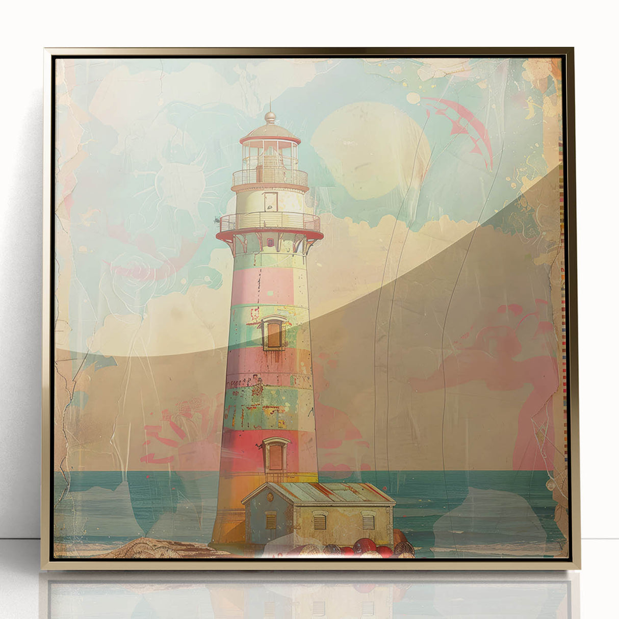 Framed lighthouse wall art in a gold acrylic finish, showcasing a serene coastal landscape with vibrant colors, ideal for home decor and nautical themes.