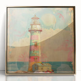 Framed lighthouse wall art in a gold acrylic finish, showcasing a serene coastal landscape with vibrant colors, ideal for home decor and nautical themes.
