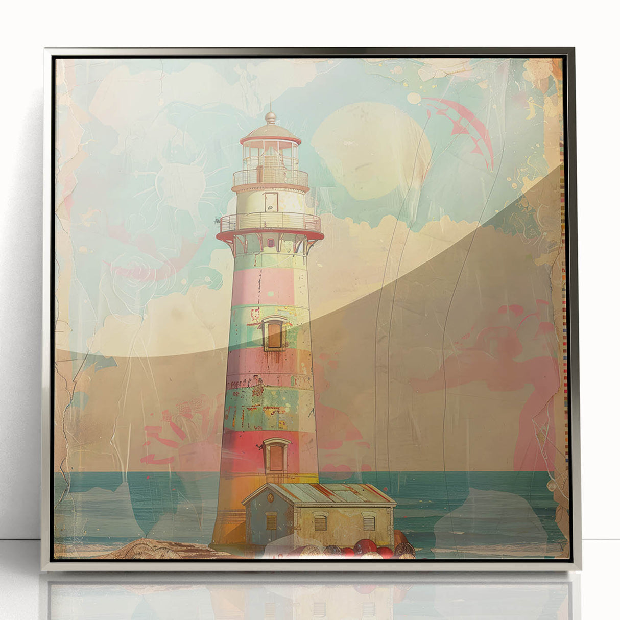 Framed wall art featuring a stunning lighthouse landscape design with a silver acrylic front, ideal for coastal-themed decor, enhancing any living space.