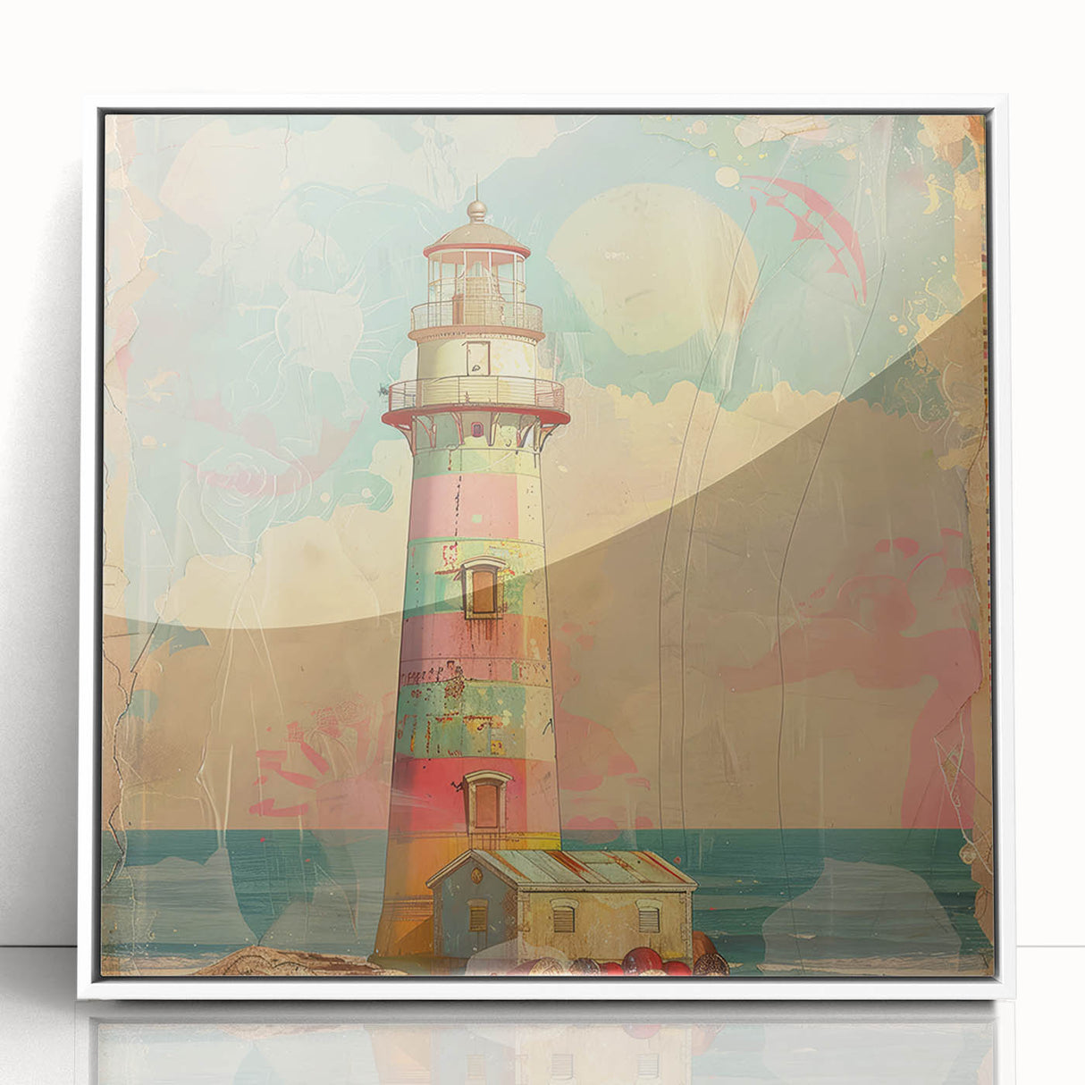 Framed acrylic wall art featuring a serene lighthouse landscape, showcasing vibrant colors and intricate details, perfect for home decor in coastal themes.