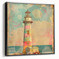 Framed canvas wall art depicting a serene lighthouse landscape in muted colors, showcasing intricate details and a sleek black frame, perfect for coastal-themed decor.
