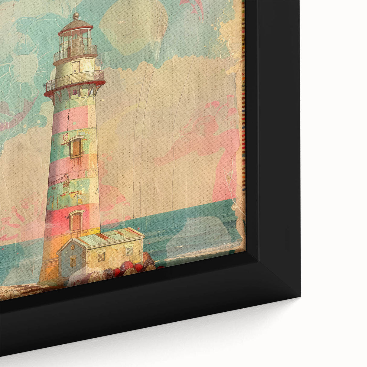 Close-up of a framed canvas wall art depicting a serene lighthouse landscape, showcasing vibrant colors and intricate details, perfect for coastal home decor.