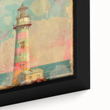 Close-up of a framed canvas wall art depicting a serene lighthouse landscape, showcasing vibrant colors and intricate details, perfect for coastal home decor.
