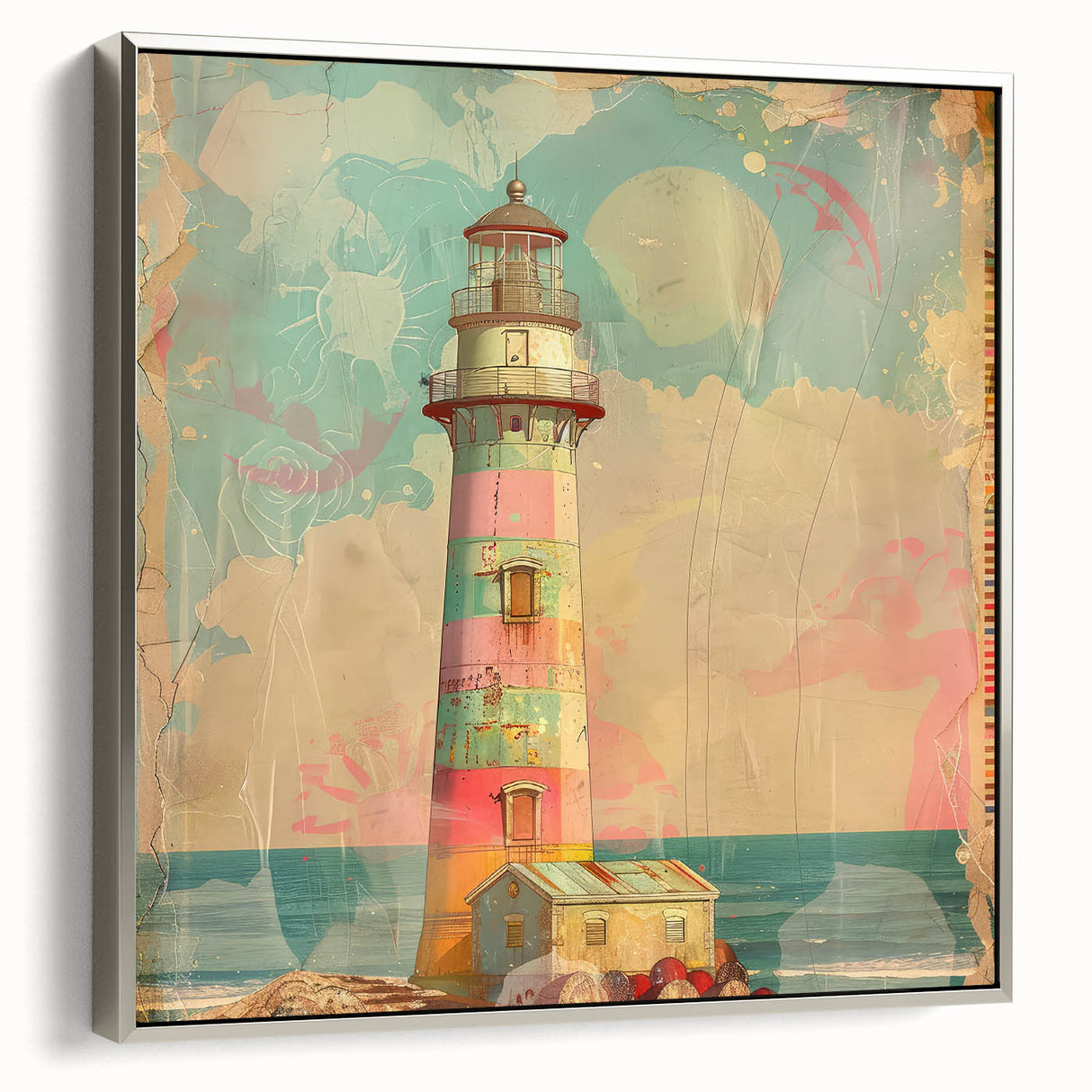 Framed canvas wall art depicting a serene lighthouse landscape with soft blue and gray hues. The artwork features a silver frame, enhancing its coastal charm. Ideal for beach-themed decor.
