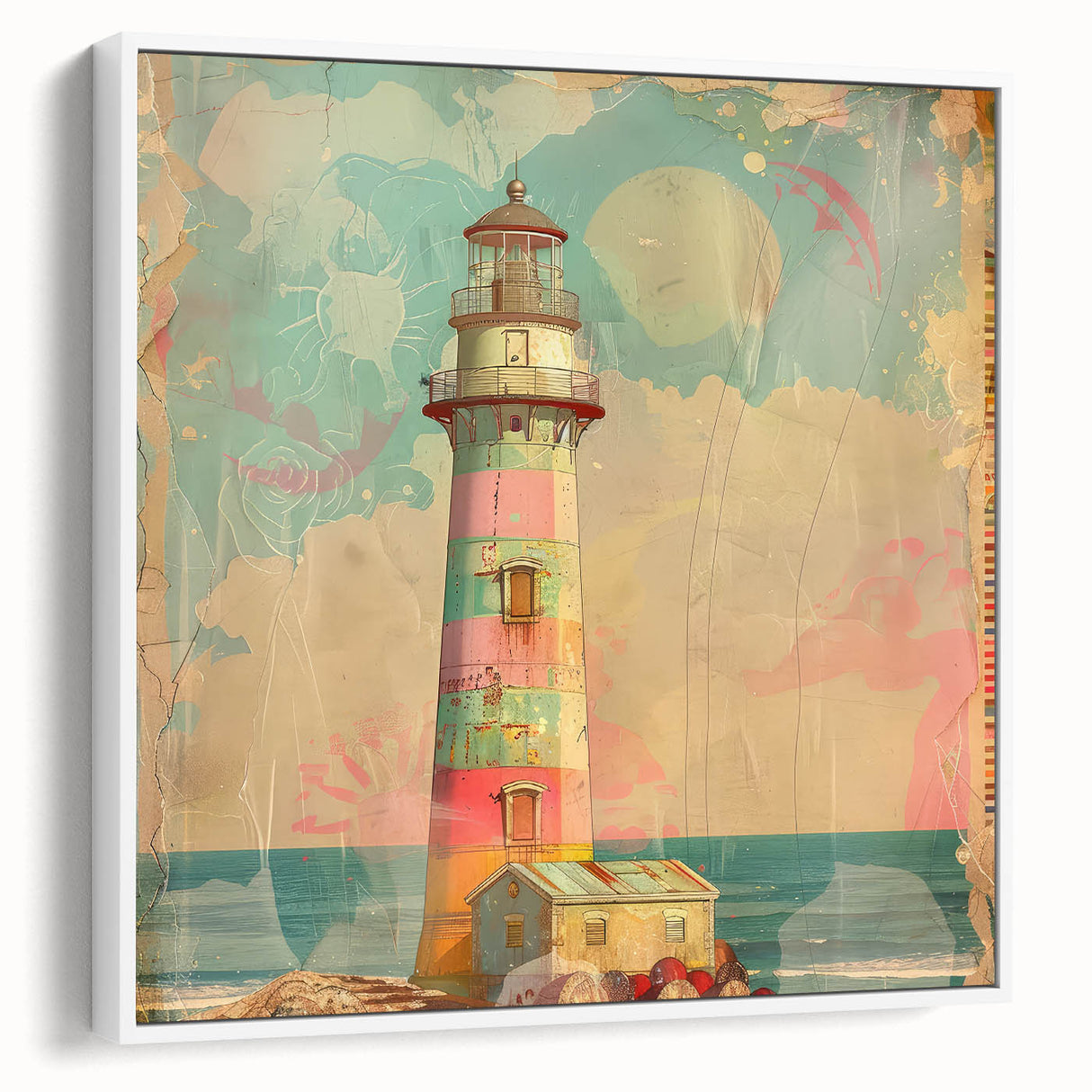 Framed canvas wall art depicting a serene lighthouse landscape, featuring soft blues and whites, perfect for coastal-themed decor. Ideal for home or office spaces.