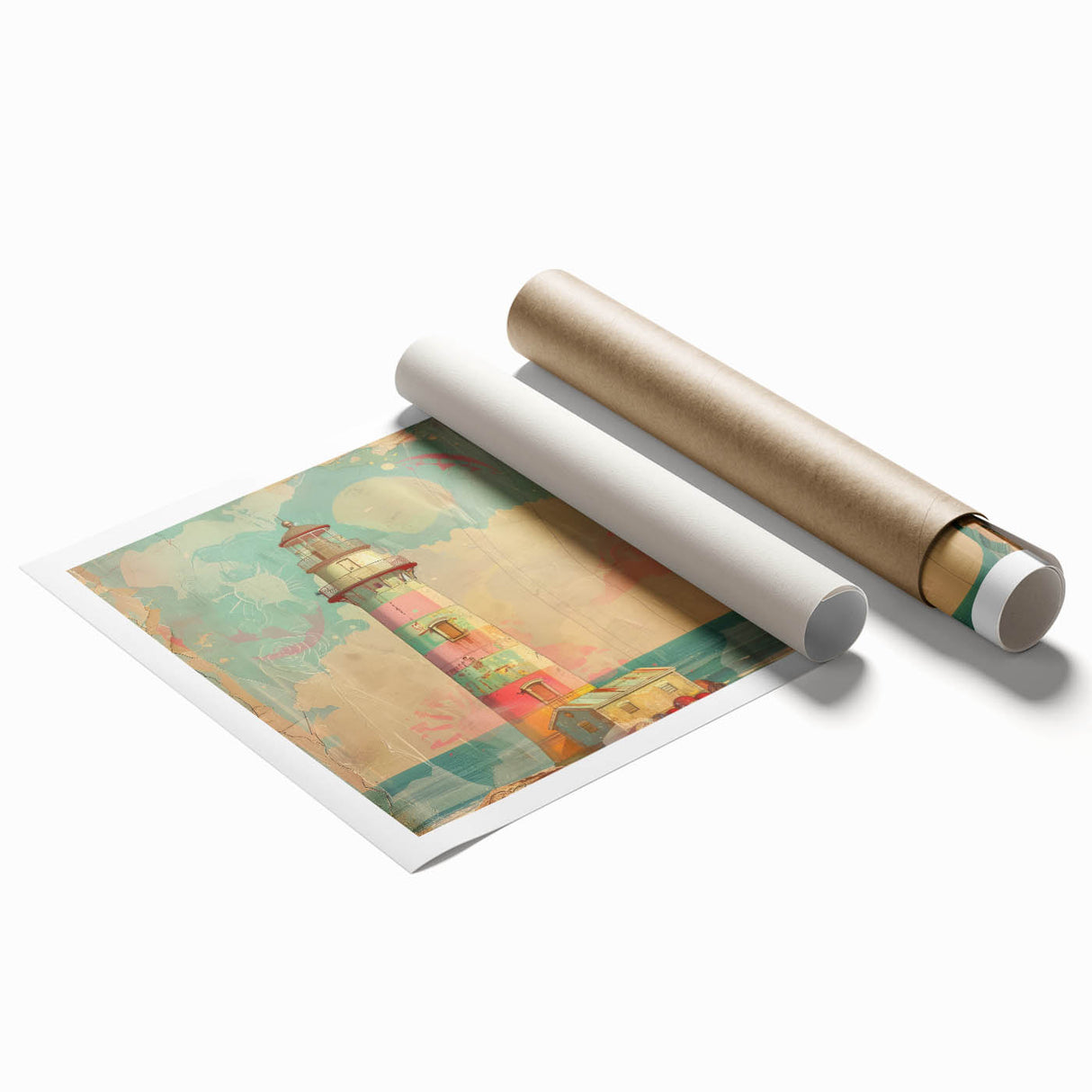 Scenic lighthouse wall art print showcasing vibrant coastal colors, featuring a detailed illustration of a lighthouse against a sunset backdrop, rolled for easy display.