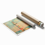 Scenic lighthouse wall art print showcasing vibrant coastal colors, featuring a detailed illustration of a lighthouse against a sunset backdrop, rolled for easy display.