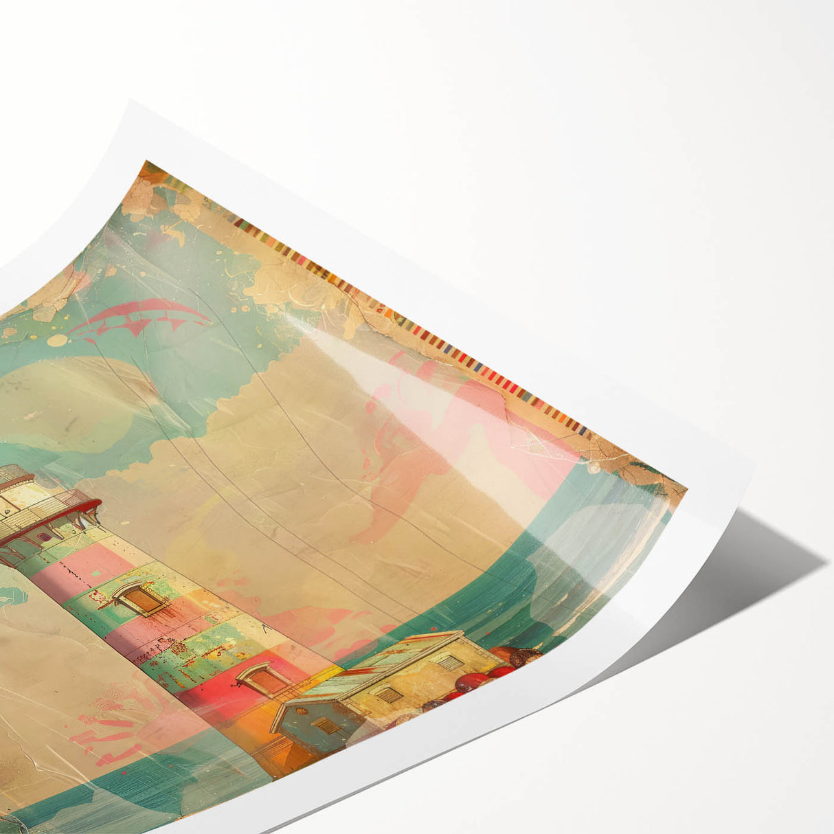 Colorful lighthouse wall art print featuring a serene coastal landscape, showcasing gentle waves and a vibrant sunset, rolled for easy shipping and display.
