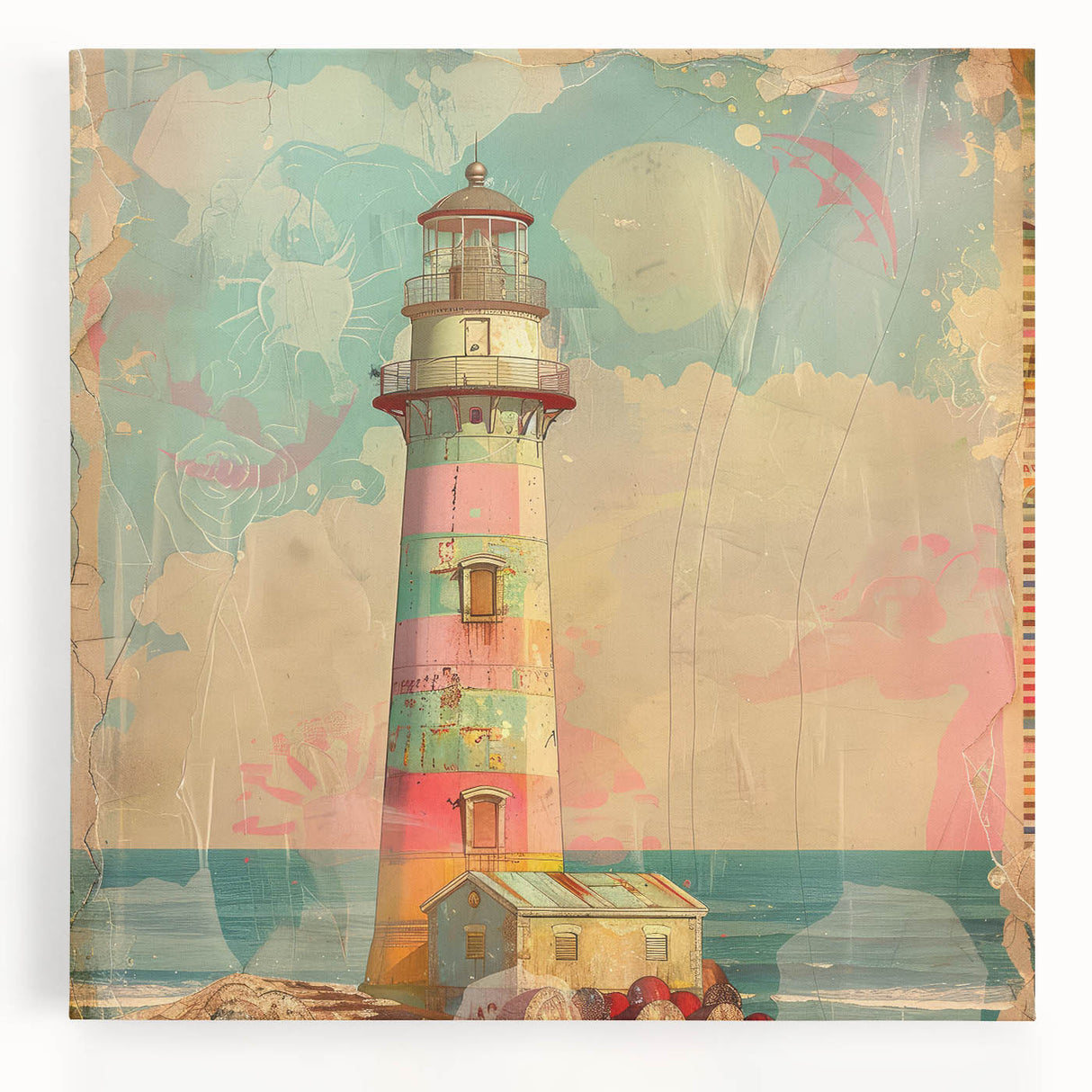 Stretched canvas artwork depicting a serene lighthouse landscape, showcasing vibrant colors and intricate details, ideal for coastal-themed home decor.