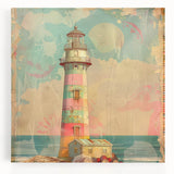 Stretched canvas artwork depicting a serene lighthouse landscape, showcasing vibrant colors and intricate details, ideal for coastal-themed home decor.