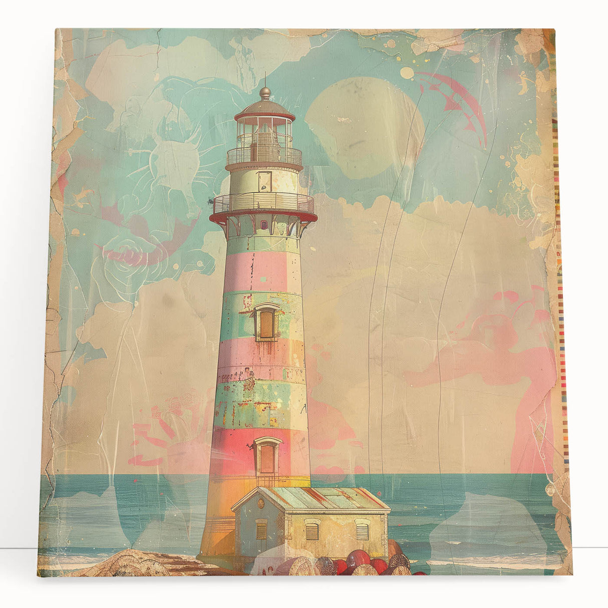 Stretched canvas wall art showcasing a vibrant lighthouse landscape, featuring rich colors and serene ocean views, perfect for coastal-themed decor.